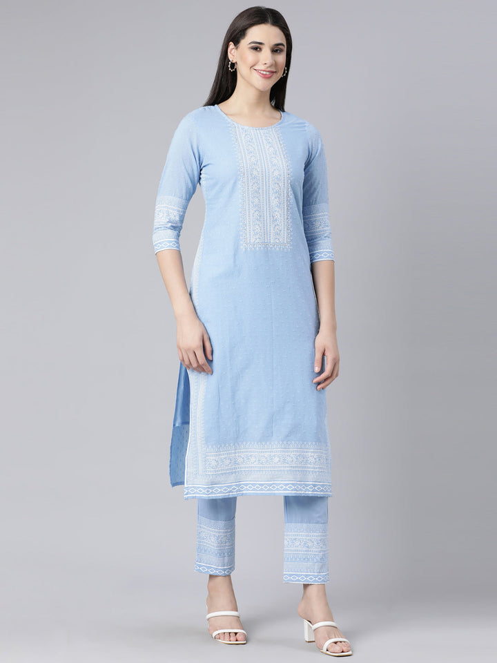 Neerus Blue cotton printed straight suit set - side view