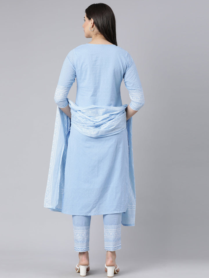 Neerus Blue cotton printed straight suit set - detail view 1