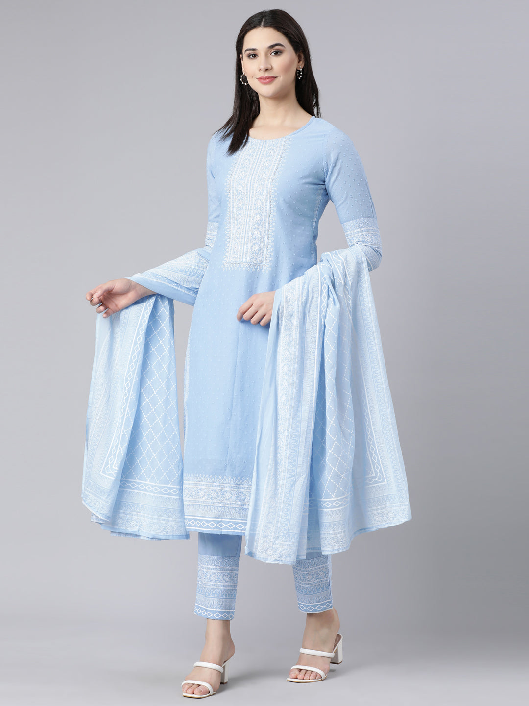 Neerus Blue cotton printed straight suit set - detail view 3