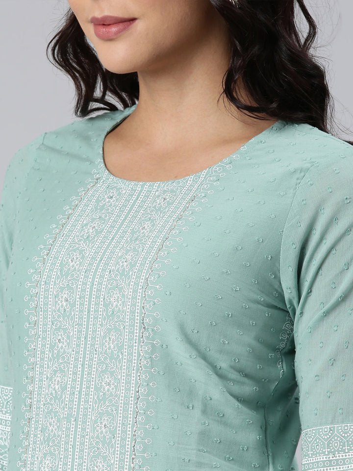 Neerus Green printed straight suit set panelled kurta with trouser and dupatta - detail view 2