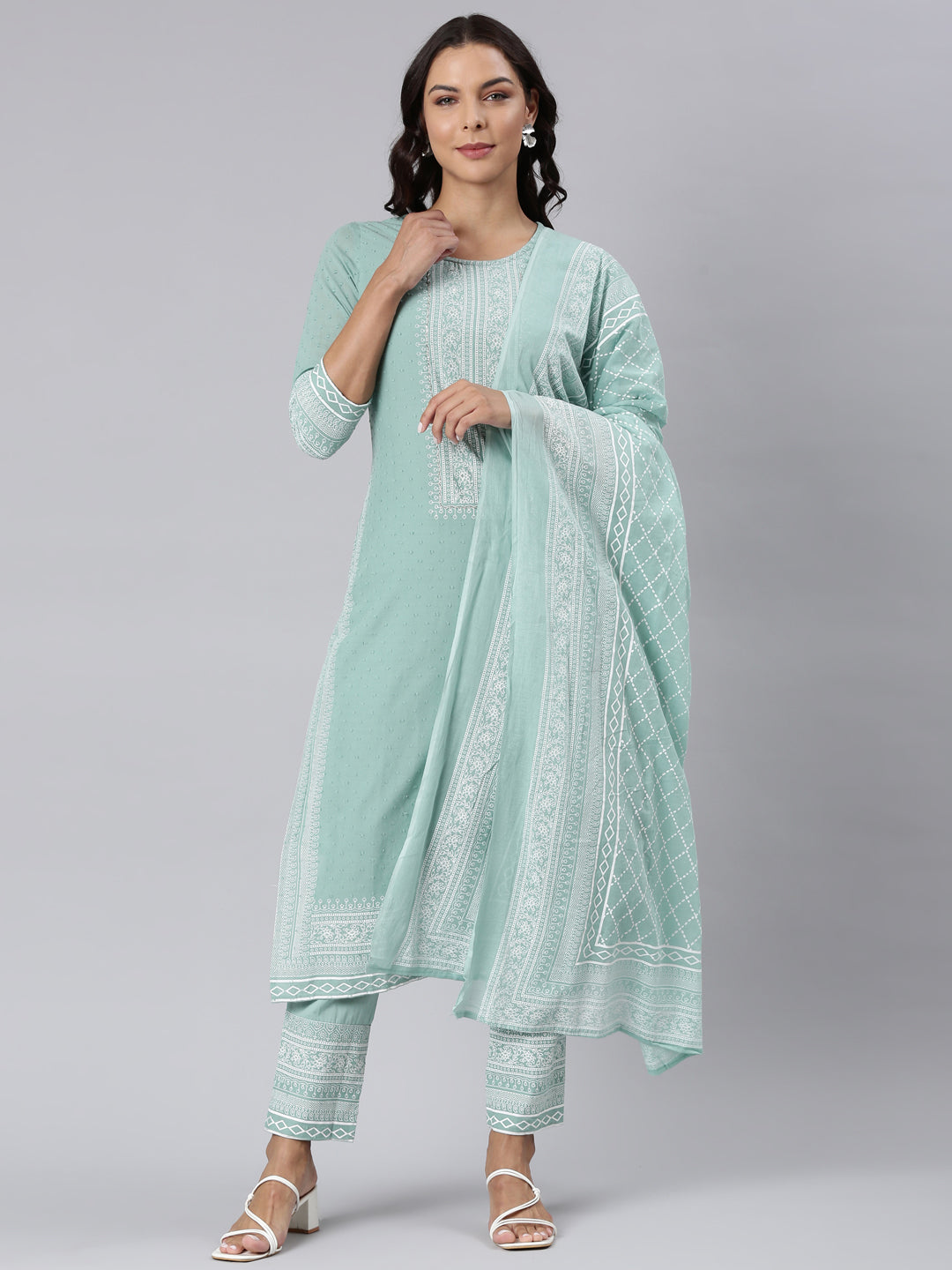 Neerus Green printed straight suit set panelled kurta with trouser and dupatta - front view