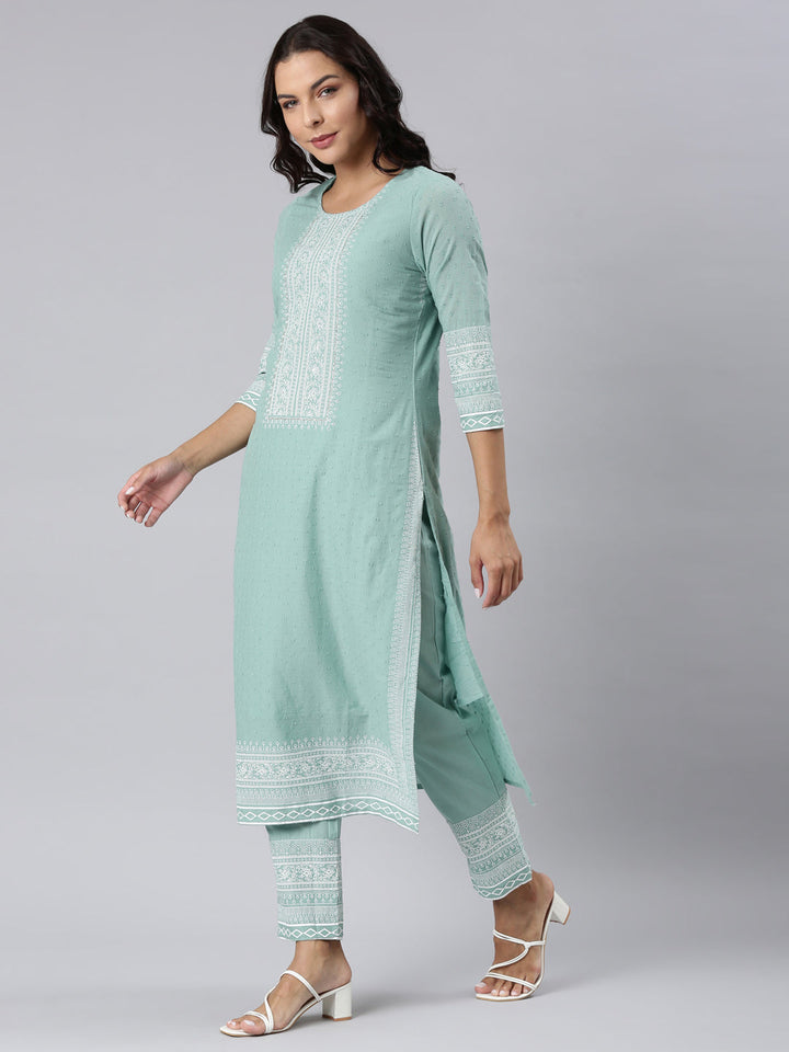 Neerus Green printed straight suit set panelled kurta with trouser and dupatta - back view