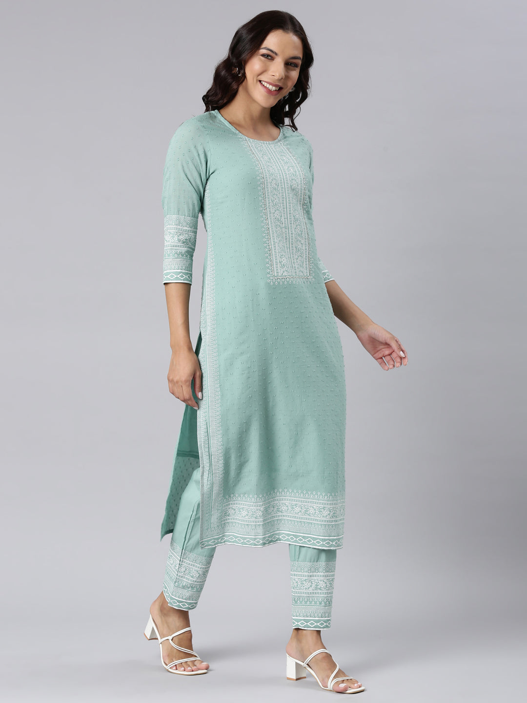 Neerus Green printed straight suit set panelled kurta with trouser and dupatta - side view