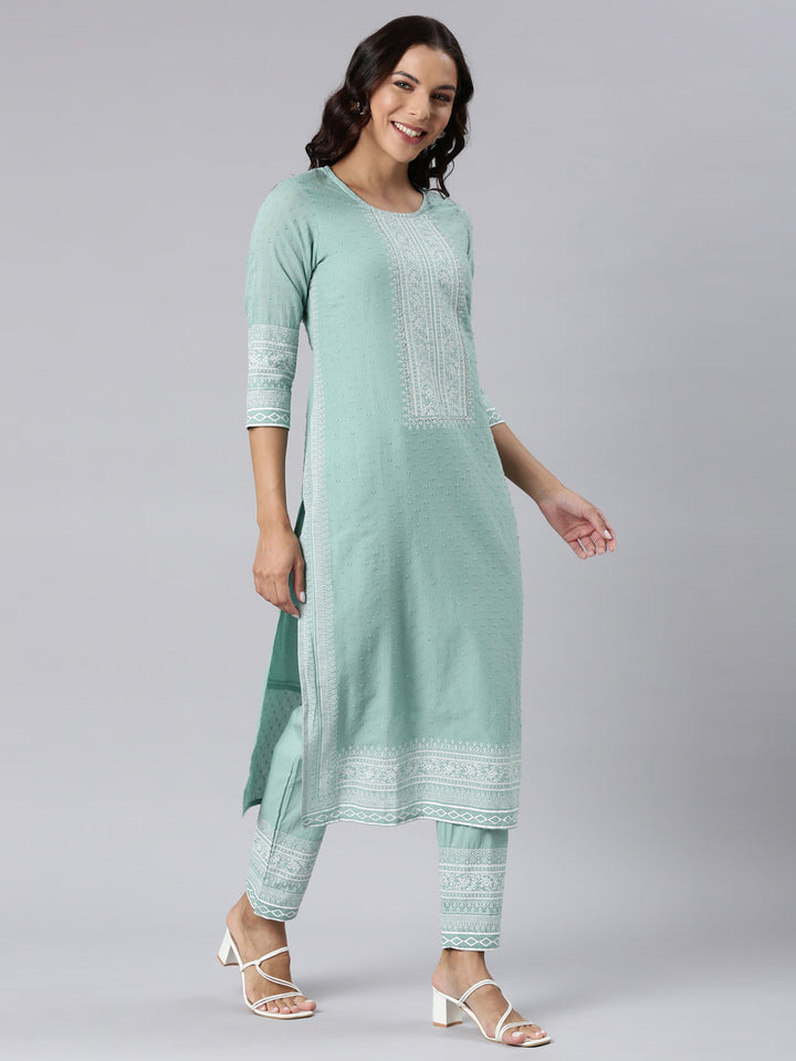 Neerus Green printed straight suit set panelled kurta with trouser and dupatta - side view