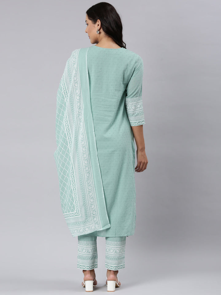 Neerus Green printed straight suit set panelled kurta with trouser and dupatta - detail view 1