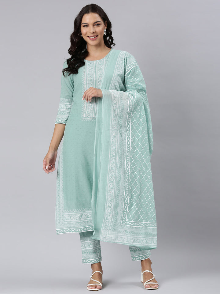 Neerus Green printed straight suit set panelled kurta with trouser and dupatta - detail view 3