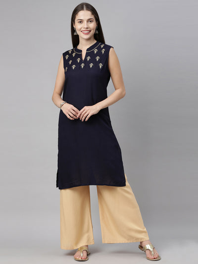 Neerus Women Navy Blue  Beige Ethnic Motifs Threadwork Yoke Design Straight Kurta