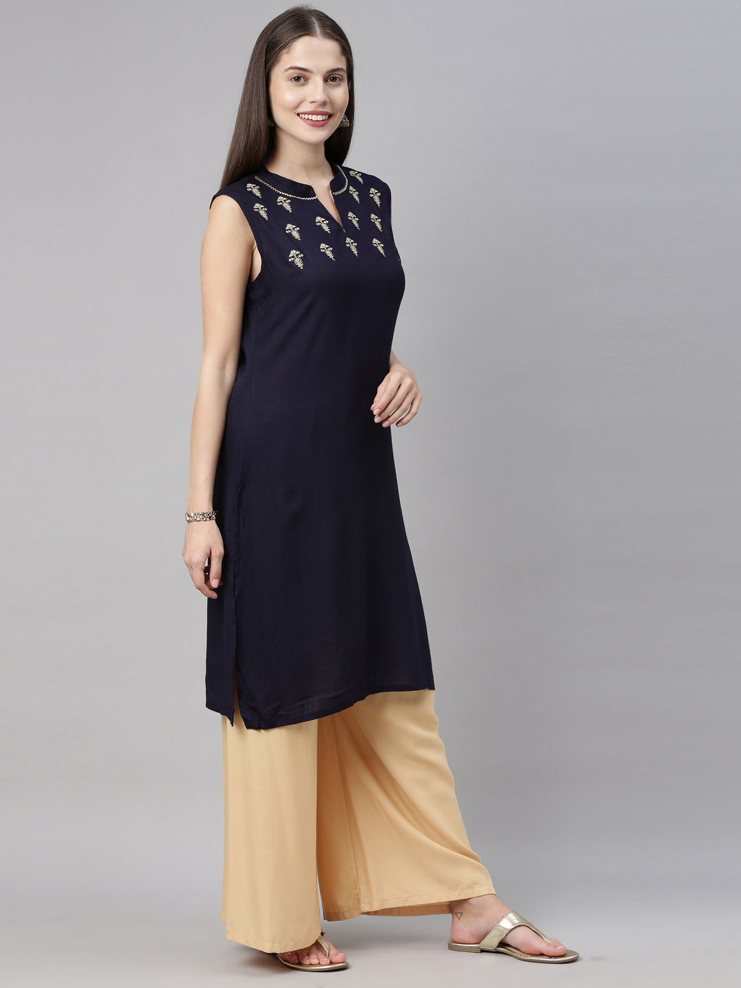 Neerus Blue thread embroidered straight kurta ethnic motifs - back view