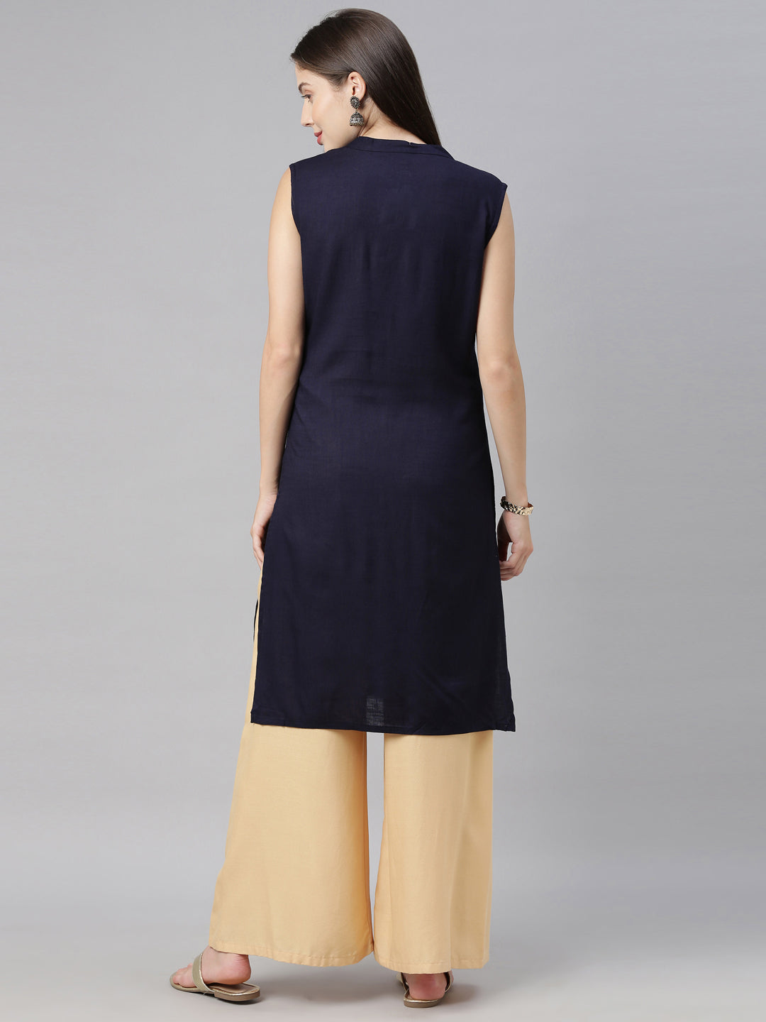 Neerus Blue thread embroidered straight kurta ethnic motifs - side view