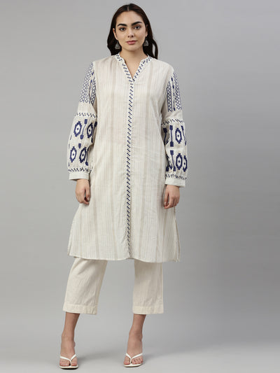 Neerus Women Blue  cream Striped Kurta
