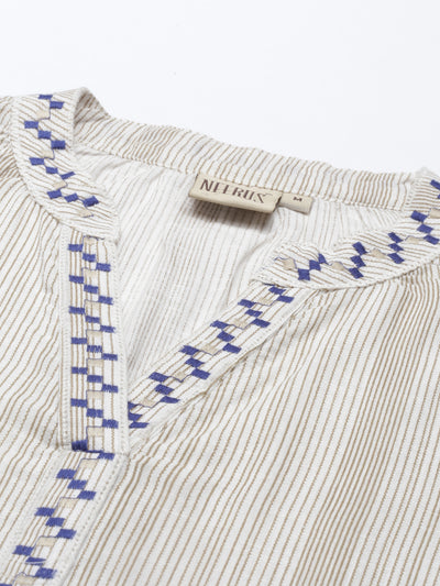 Neerus Women Blue  cream Striped Kurta