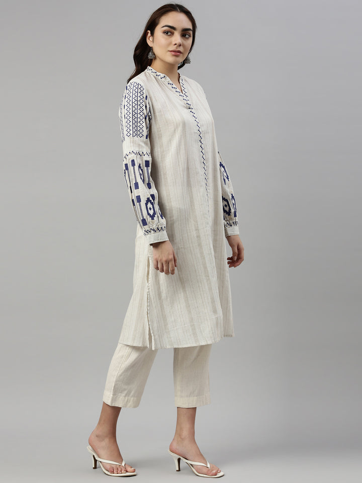 Neerus Blue cotton striped kurti - detail view 1