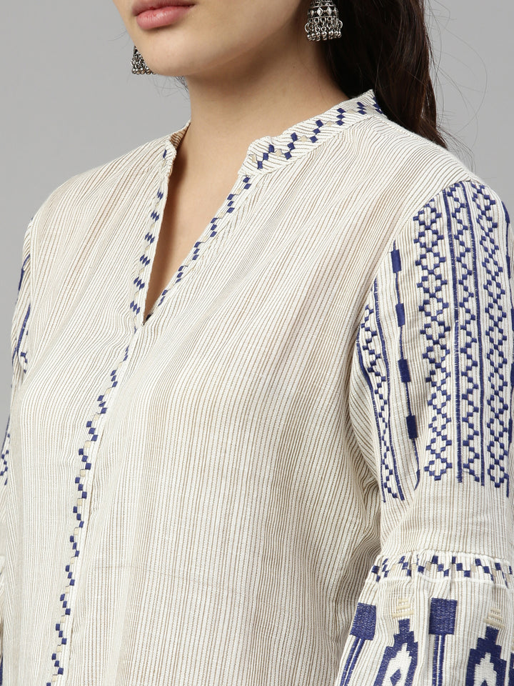 Neerus Blue cotton striped kurti - detail view 5
