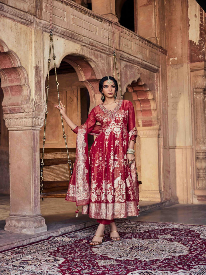 Neerus Maroon Embroidery Tissue Fabric Anarkali and Trouser with Dupatta