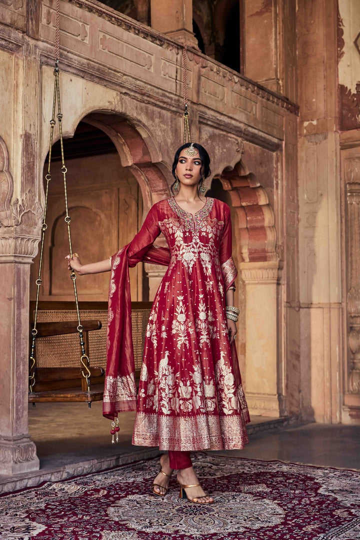 Neerus Maroon Embroidery Tissue Fabric Anarkali and Trouser with Dupatta