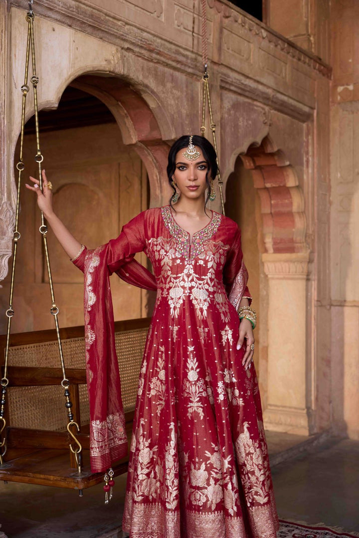 Neerus Maroon Embroidery Tissue Fabric Anarkali and Trouser with Dupatta