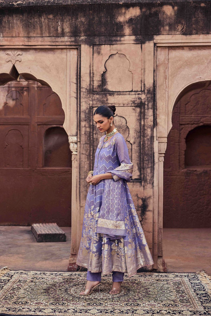 Neerus Purple Sequence Work Tissue Fabric Anarkali and Trouser with Dupatta