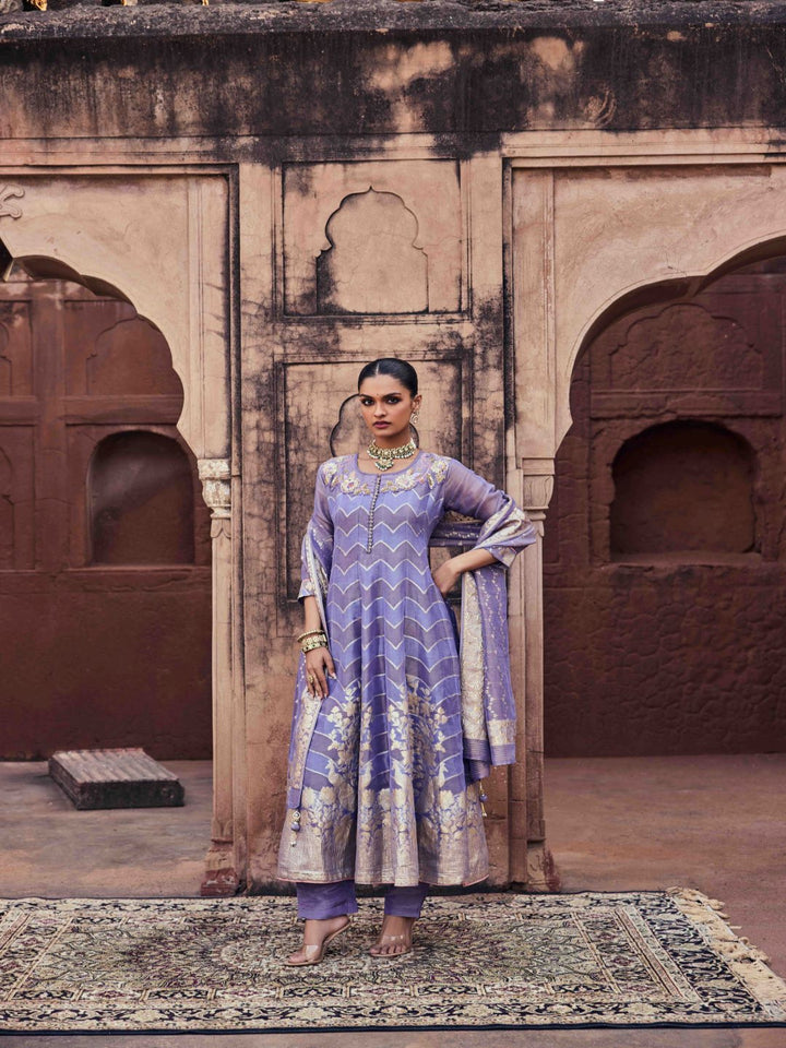 Neerus Purple Sequence Work Tissue Fabric Anarkali and Trouser with Dupatta