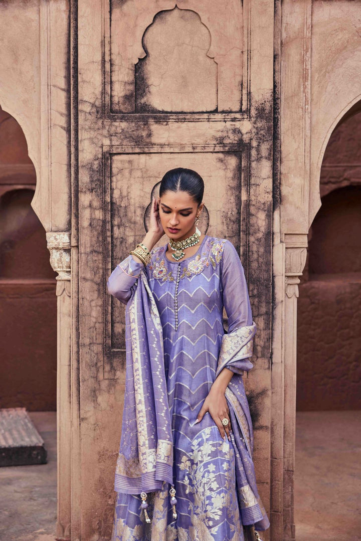 Neerus Purple Sequence Work Tissue Fabric Anarkali and Trouser with Dupatta