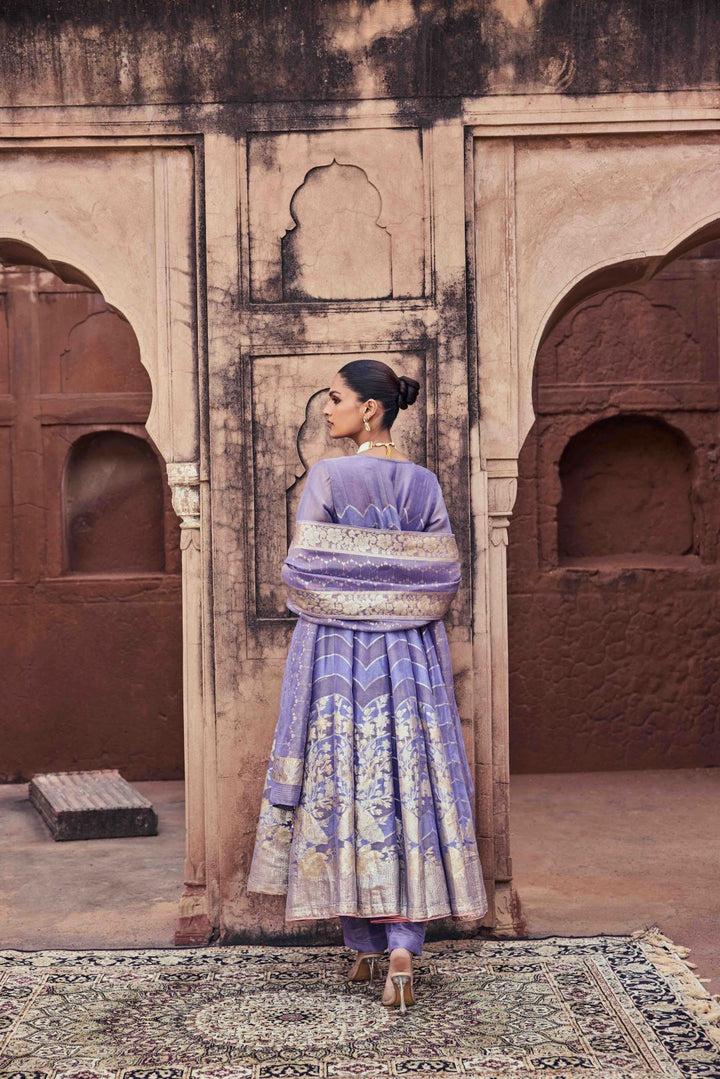 Neerus Purple Sequence Work Tissue Fabric Anarkali and Trouser with Dupatta
