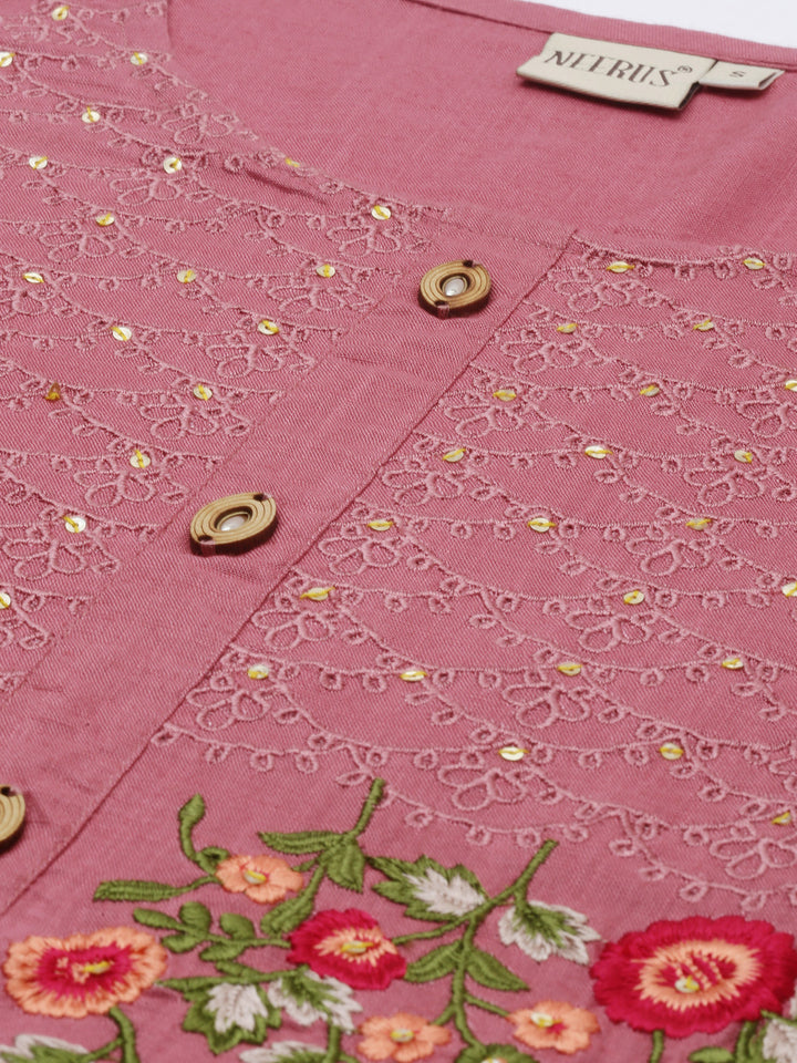 Neerus Women Peach-Coloured Floral Embroidered Thread Work Kurta