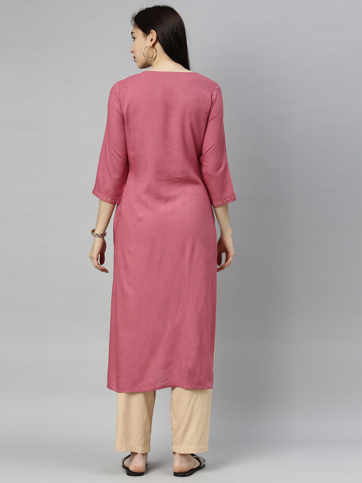 Neerus Women Peach-Coloured Floral Embroidered Thread Work Kurta