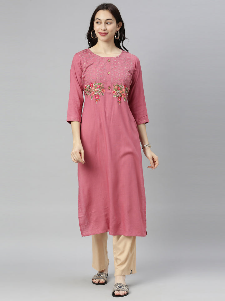 Neerus Women Peach-Coloured Floral Embroidered Thread Work Kurta
