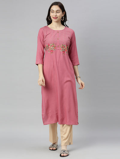 Neerus Women Peach-Coloured Floral Embroidered Thread Work Kurta