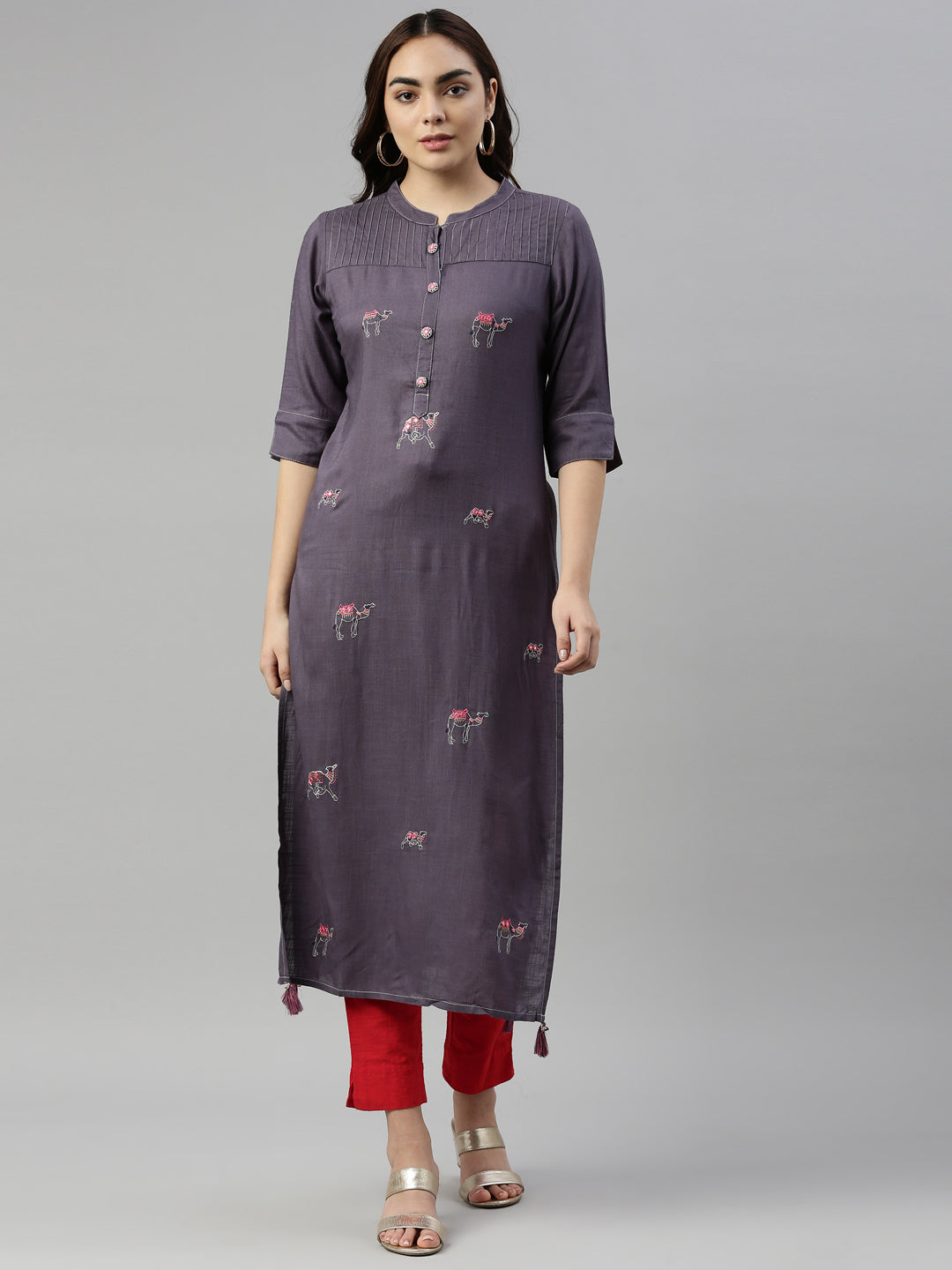 Neerus Grey rayon mirror work kurti - front view