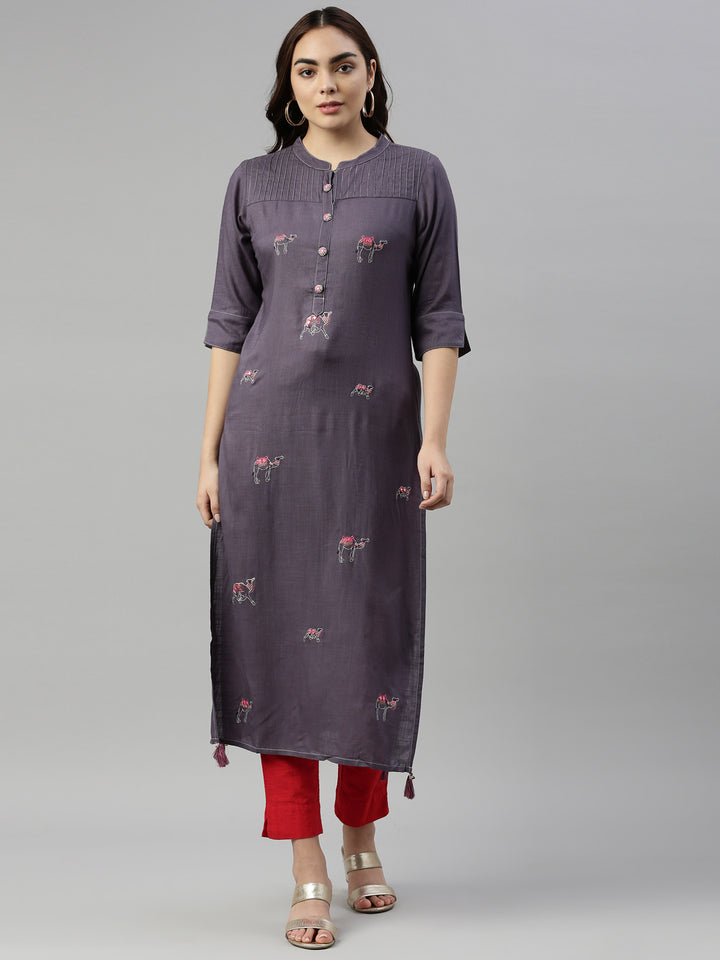 Neerus Grey rayon mirror work kurti - front view