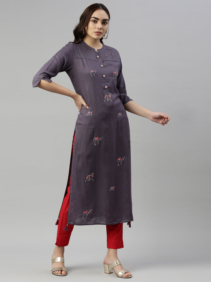 Neerus Grey rayon mirror work kurti - back view