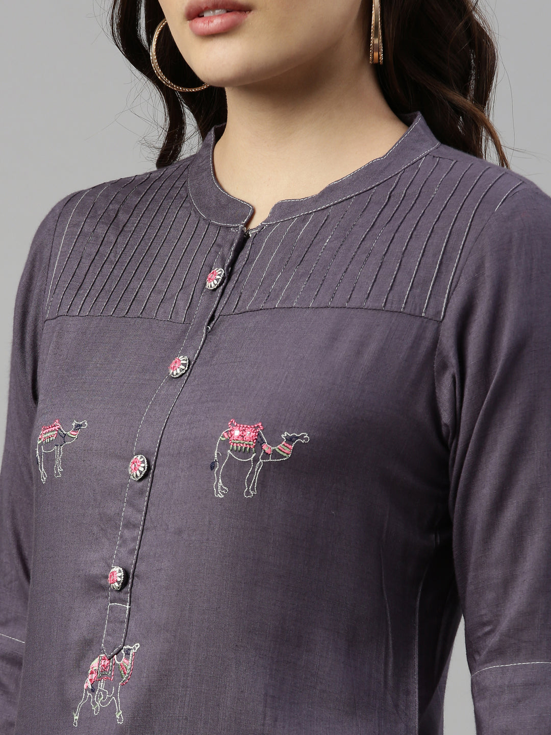 Neerus Grey rayon mirror work kurti - detail view 1