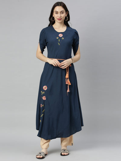 Neerus Women Navy Blue Thread Work Anarkali Kurta