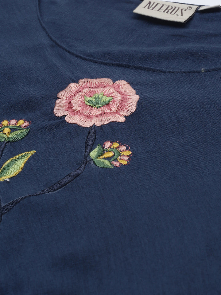 Neerus Women Navy Blue Thread Work Anarkali Kurta