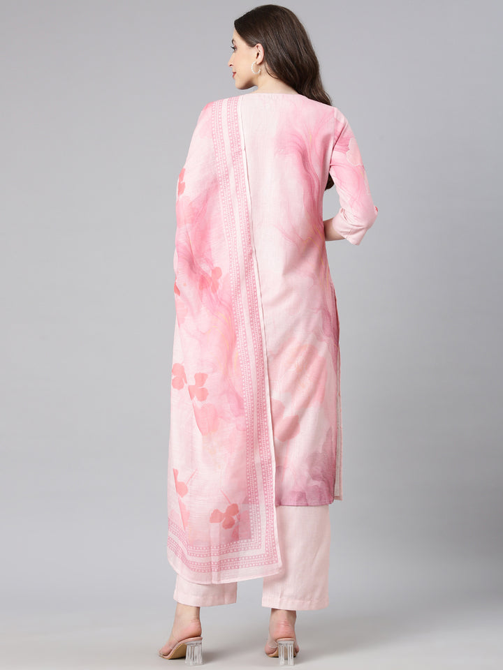 Neerus Baby pink Printed Straight Kurta and Trousers With Dupatta