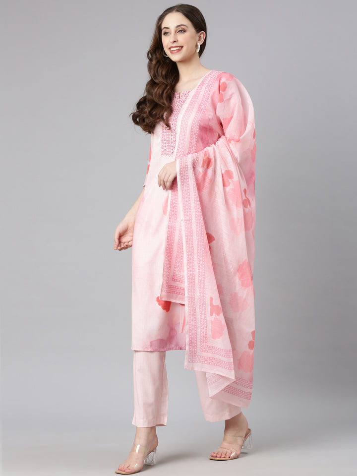 Neerus Baby pink Printed Straight Kurta and Trousers With Dupatta
