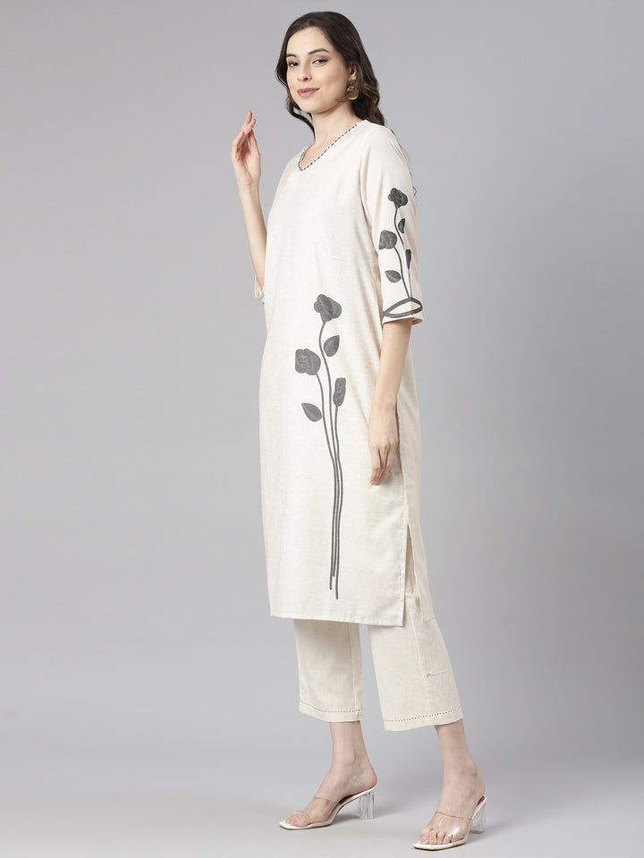 Neerus Off White Solid Straight Kurta and Trousers With Dupatta
