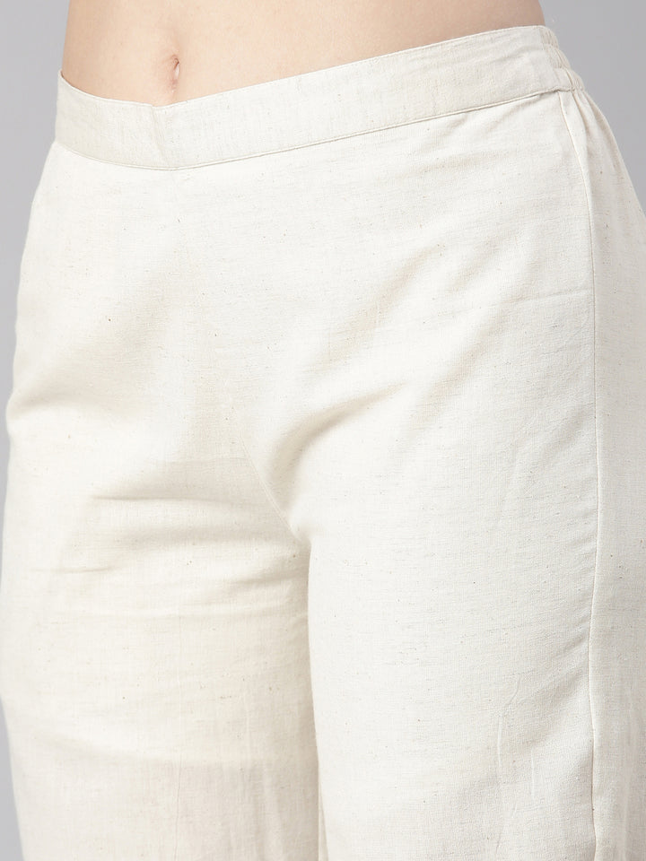 Neerus Off White Solid Straight Kurta and Trousers With Dupatta