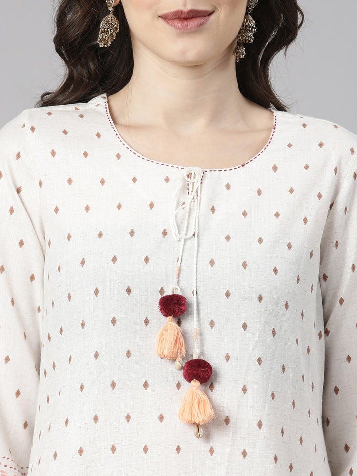 Neerus Off White Printed Straight Kurta and Trousers With Dupatta