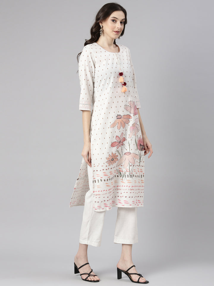 Neerus Off White Printed Straight Kurta and Trousers With Dupatta