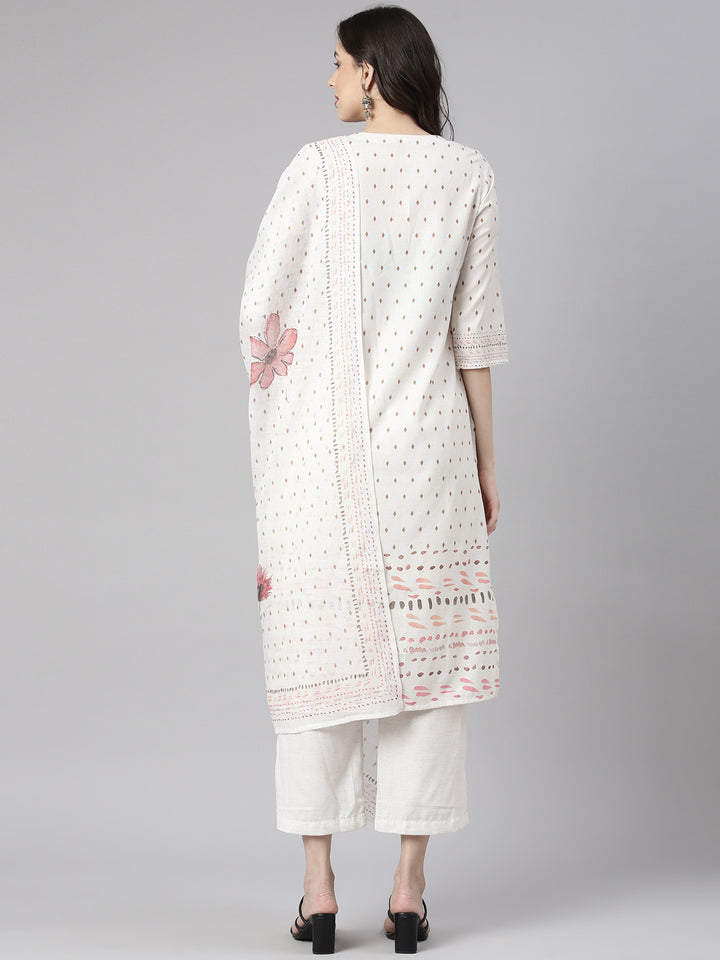 Neerus Off White Printed Straight Kurta and Trousers With Dupatta