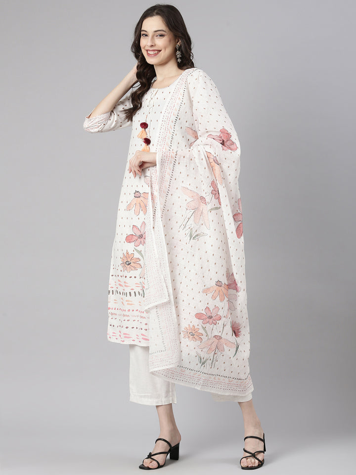 Neerus Off White Printed Straight Kurta and Trousers With Dupatta