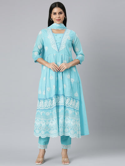 Neerus Blue Panelled Scalloped  Kurta and Trousers With Dupatta
