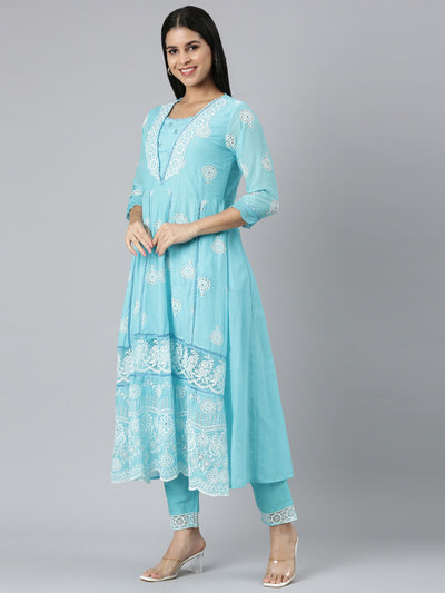 Neerus Blue Panelled Scalloped  Kurta and Trousers With Dupatta