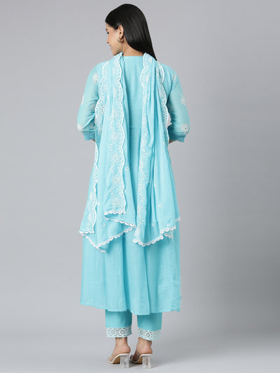 Neerus Blue Panelled Scalloped  Kurta and Trousers With Dupatta
