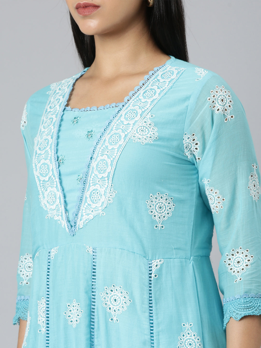 Neerus Blue Panelled Scalloped  Kurta and Trousers With Dupatta