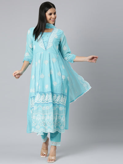 Neerus Blue Panelled Scalloped  Kurta and Trousers With Dupatta