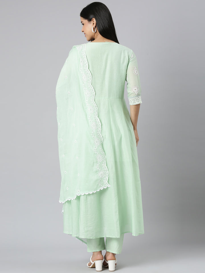 Neerus Green Panelled Scalloped Kurta and Trousers With Dupatta