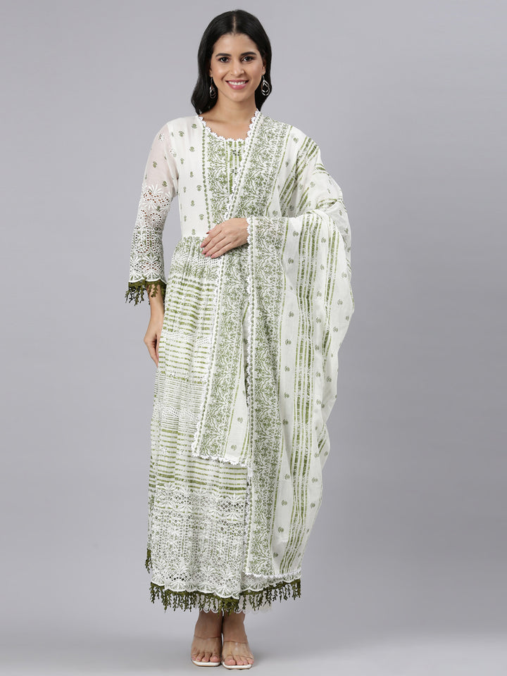 Neerus Green Pleated Curved Printed Kurta and Trousers With Dupatta