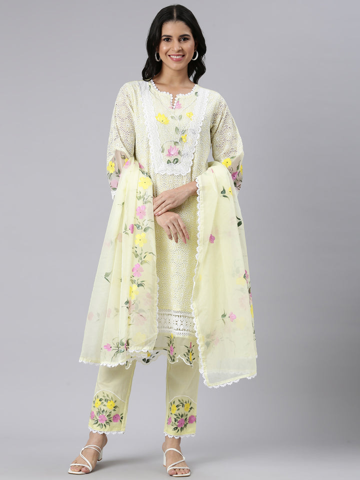 Neerus Yellow Regular Scalloped Solid Kurta and Trousers With Dupatta